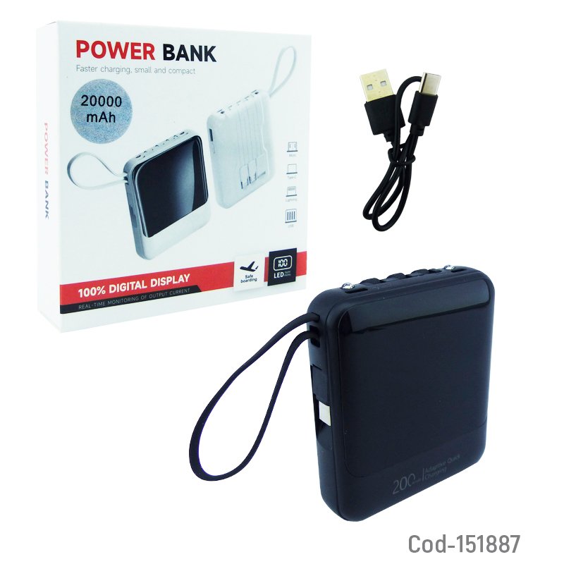 Bateria de emergencia mini conexion usb, type-c y 4 cables para carga usb, type-c, micro 5 pin e iphone a 20.000 mah mayorista — imagen 6