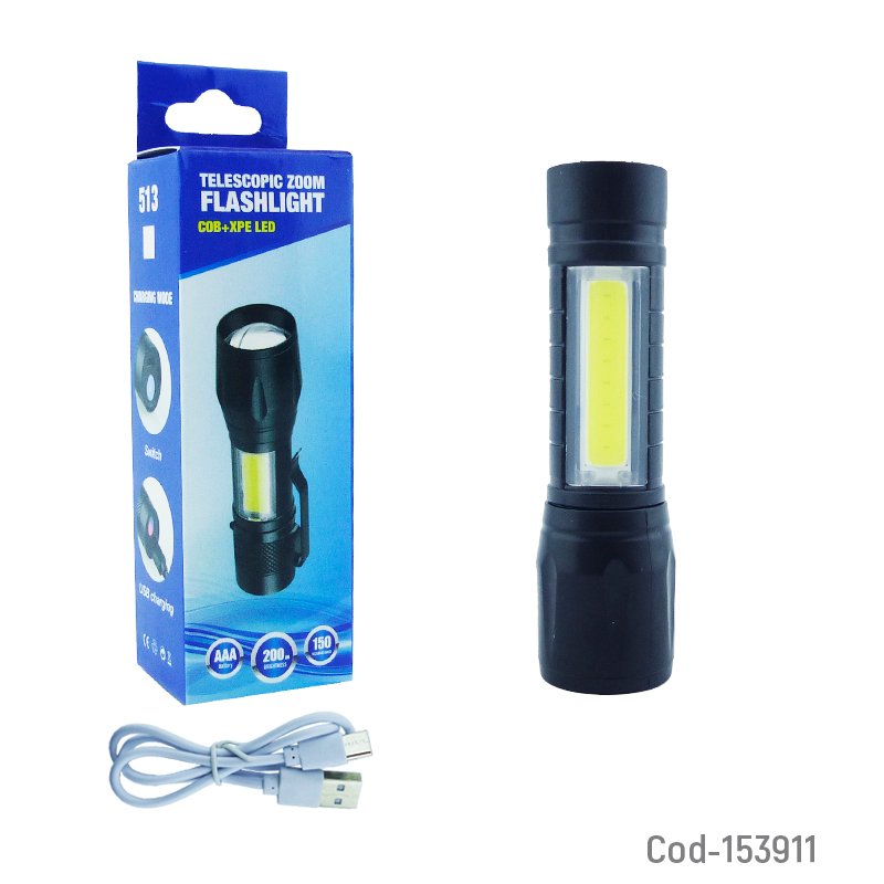 Linterna de 1 led mas 1 led cob tactica de metal con potencia de 200 lumenes recargable. - pack de 10 unidades mayorista — imagen 4