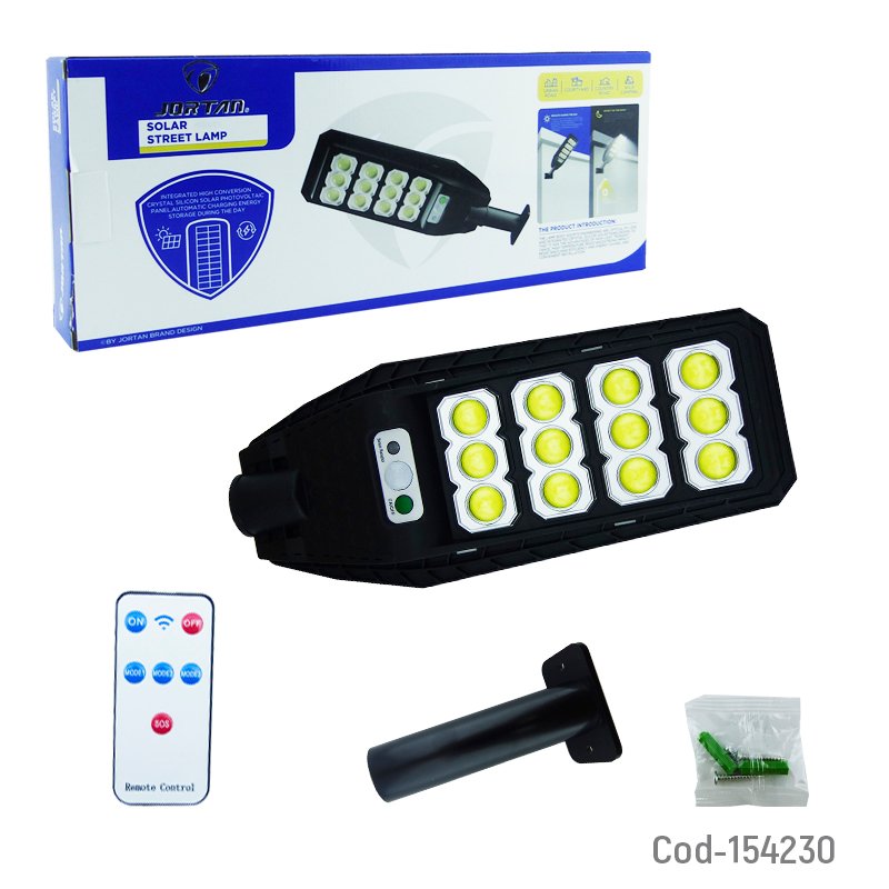 Foco Solar Con Brazo De 400 Watt, 12 LED COB En 4 Placas Marca JORTAN Con Sensor Y Control Remoto 14 cm x 33.5 cm x 4.5 cm por mayor en Chile