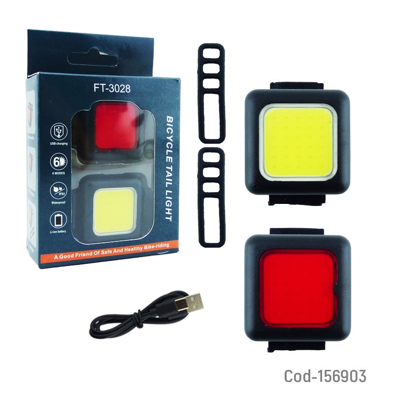 Set De Luz Para Bici LED, Delantera Y Trasera, Modelo FT-3028, Recargable Type-C. - Pack de 10 unidades 3 cm x 4.2 cm x 3.5 cm por mayor en Chile