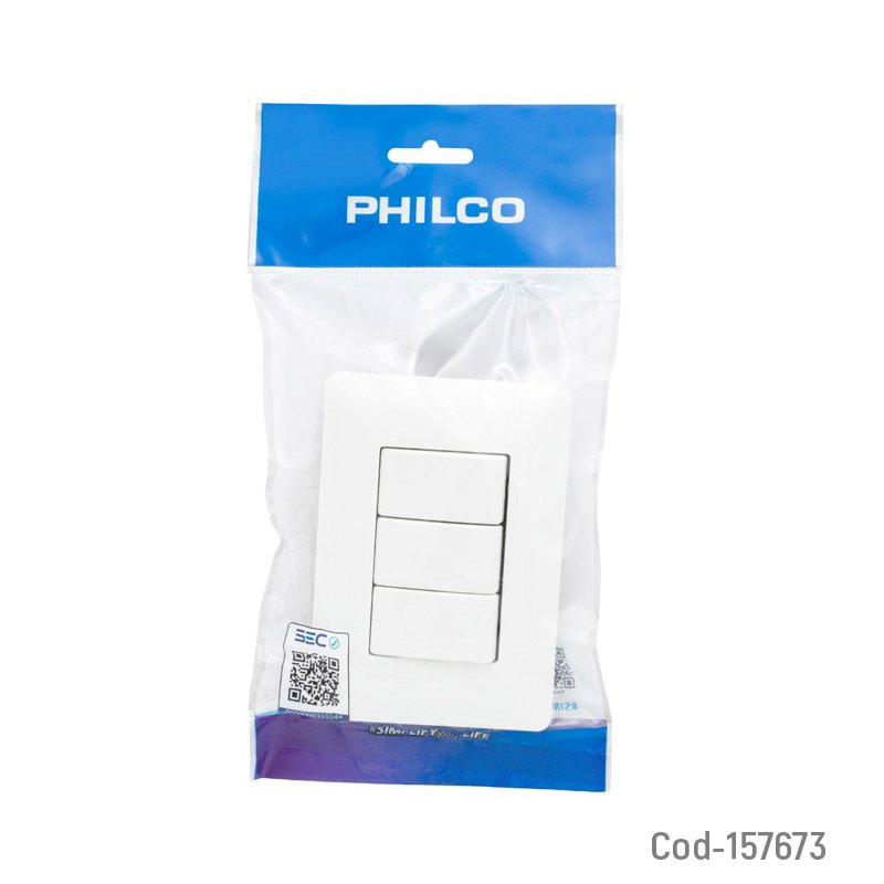 Interruptor triple para muro, 10a-250v, philco - pack de 10 unidades mayorista — imagen 2