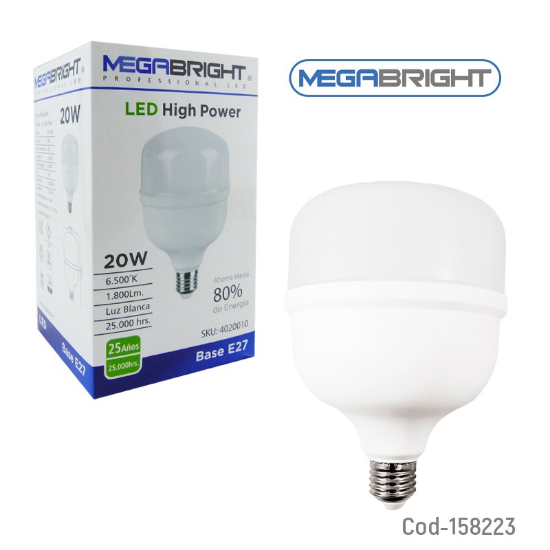 Ampolleta LED MEGABRIGTH E-27 De 20 Watts High Power De Luz Fria 6.500K Certificada. - Pack de 10 unidades 10 cm x 16.8 cm por mayor en Chile