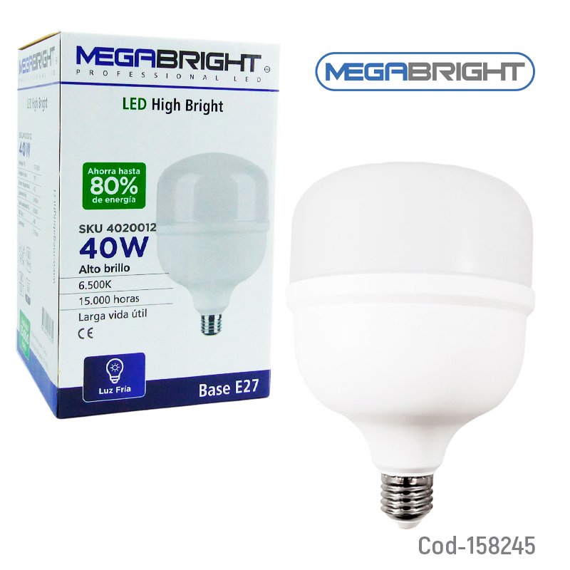 Ampolleta LED Marca MEGABRIGTH E-27 De 40 Watts High Power De Luz Fria 6.500K Certificada. 14 cm x 22.4 cm por mayor en Chile