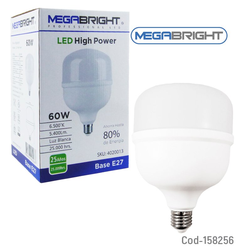 Ampolleta LED MEGABRIGTH E-27 De 60 Watt High Power De Luz Fria 6.500K Certificada. 16 cm x 22.5 cm por mayor en Chile