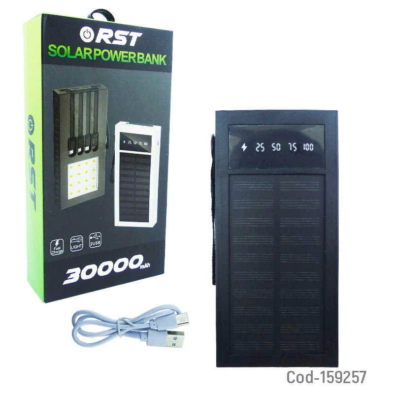 Bateria de emergencia solarmarca rst modelo sp-100 de dos usb, cuatro cables de carga, linterna y 30.000 mah mayorista — imagen 4