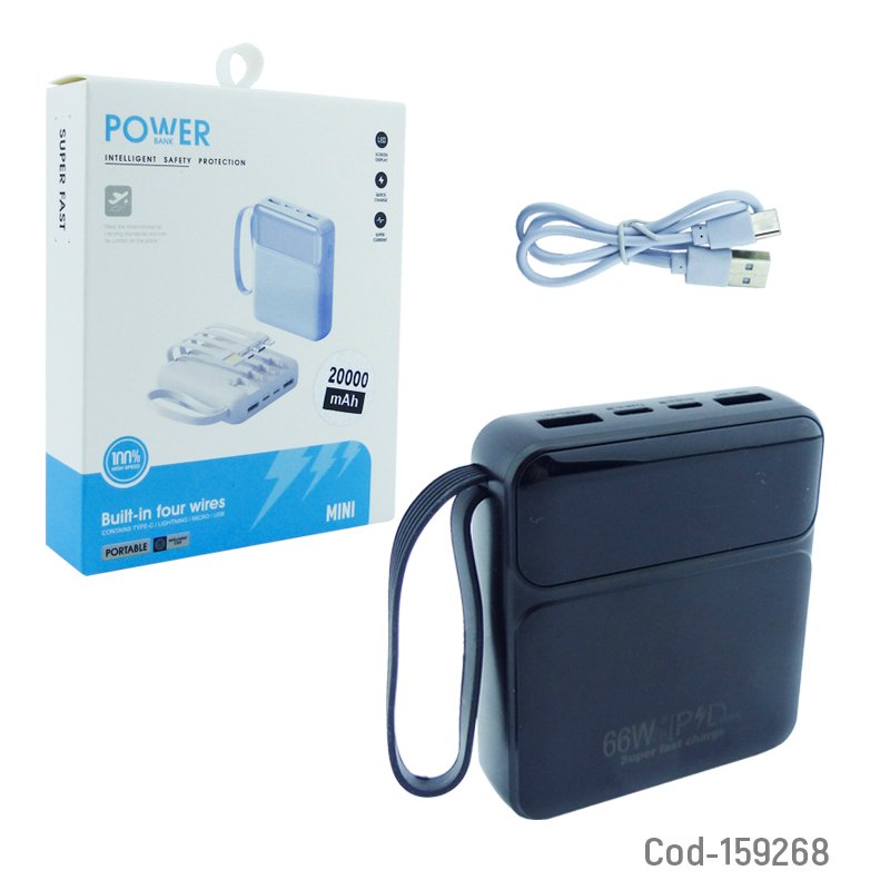Bateria de emergencia mini de 66 watt con 2 micro usb,2 usb mas 4 cables type-c, iphone, micro usb y usb. variedad de colores. 20.000 mah mayorista — imagen 4