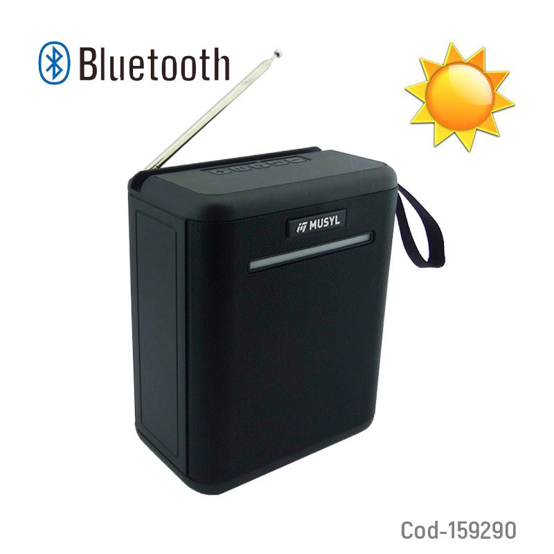 Parlante Solar Recargable Modelo PM-16 Marca MUSYL Conexion Bluetooth, FM-TF-USB En Variedad De Colores. 20 cm x 10.5 cm por mayor en Chile