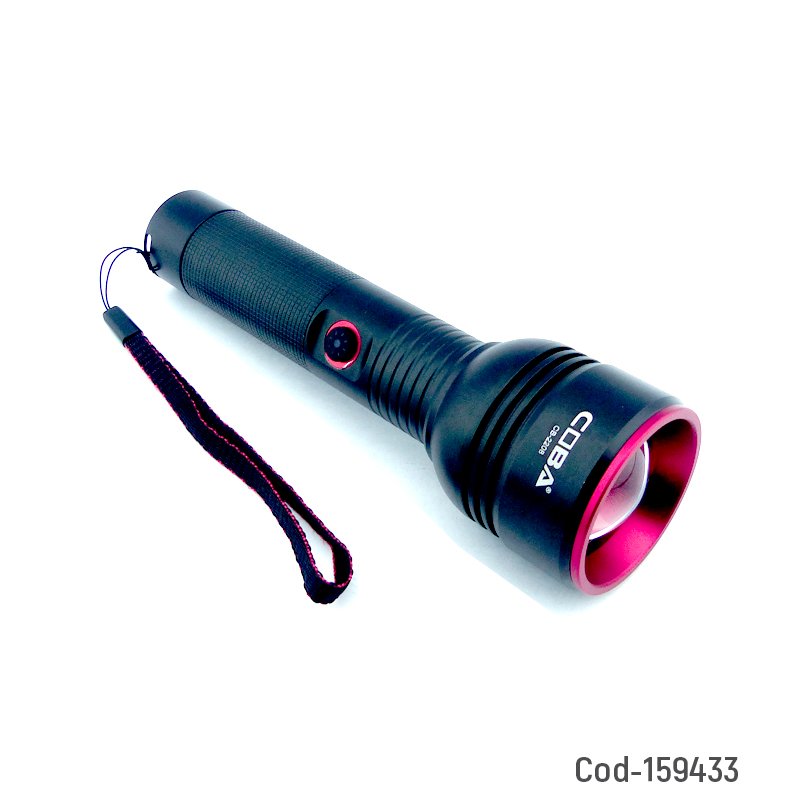 Linterna De 1 LED En Aluminio Con Zoom Y 100 Watt Marca COBA Modelo CB-2208 Recargable. 16.5 cm x 5.3 cm por mayor en Chile