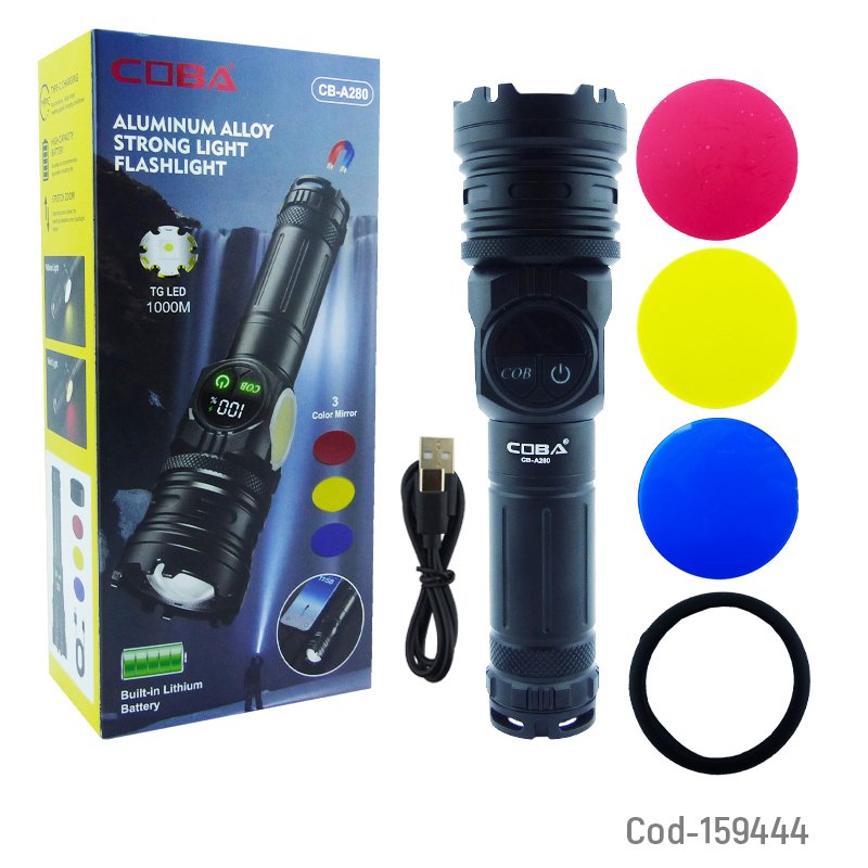 Linterna de 1 led y 1 led cob, baliza, power bank, zoom y 3 lentes de colores. marca coba mayorista — imagen 4