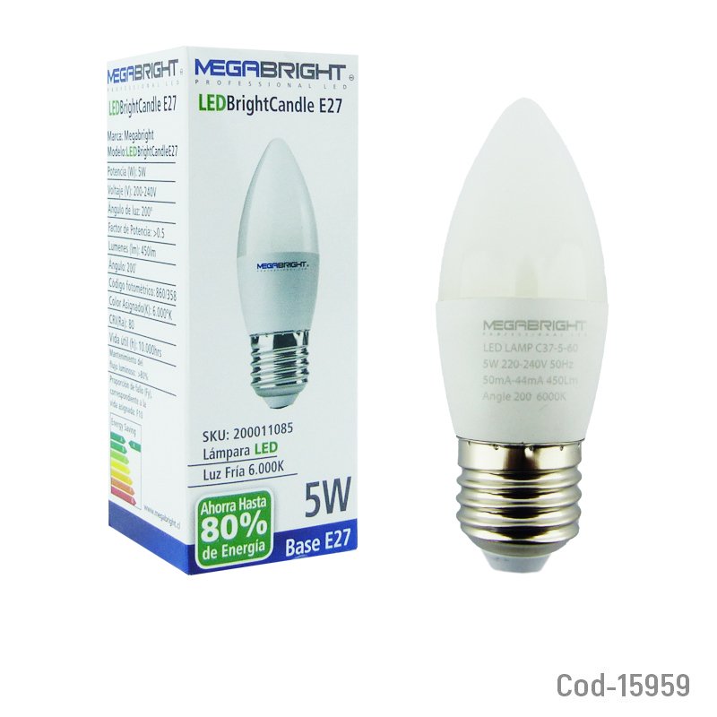 Ampolleta vela led 5watt=50watt, e27, luz fria, megabright. - pack de 20 unidades mayorista — imagen 3