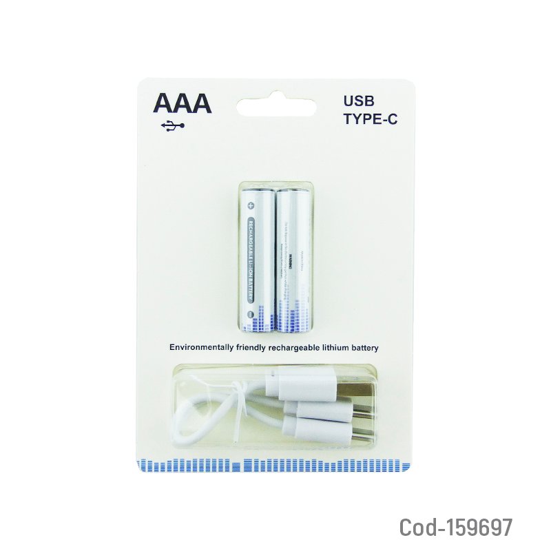 Pila Recargable AAA Por USB Type-C De 600 Mah A 1.5 Volt Set Por 2 En Blister. 4.5 cm x 1 cm por mayor en Chile