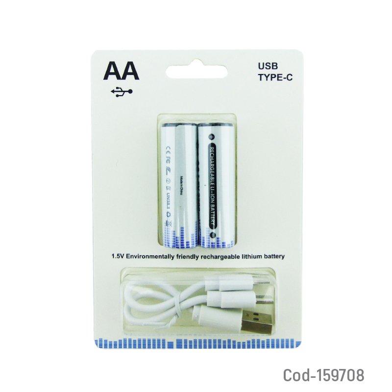 Pila Recargable AA Por USB Type-C De 2200 Mah A 1.5 Volt Set Por 2 En Blister 4.9 cm x 1.5 cm por mayor en Chile