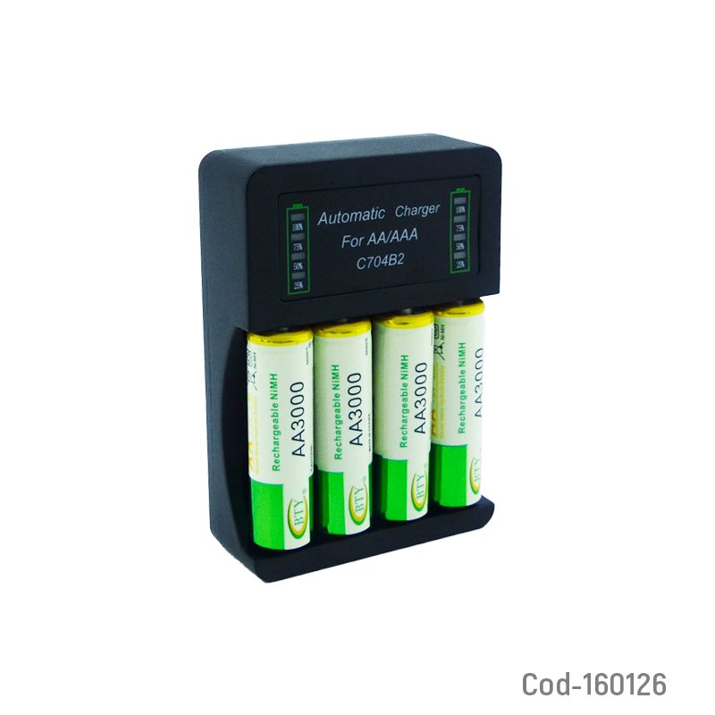 Cargador De Pila Modelo BTY-704B USB, Incluye 4 Pilas AA, Con Indicador De Carga. 6.5 cm x 6.3 cm x 2.8 cm por mayor en Chile
