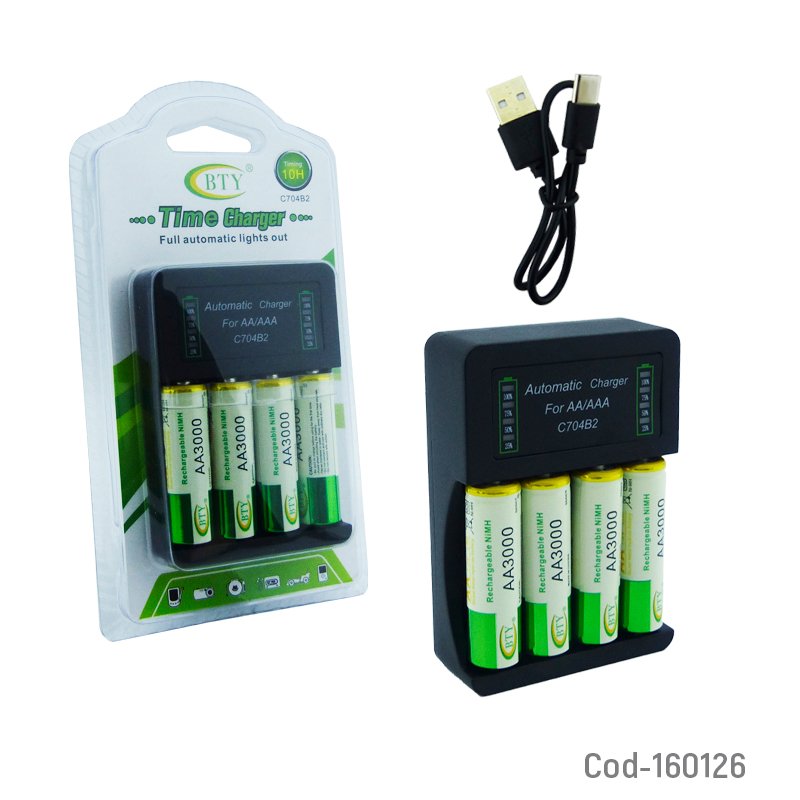 Cargador de pila modelo bty-704b usb, incluye 4 pilas aa, con indicador de carga. mayorista — imagen 3