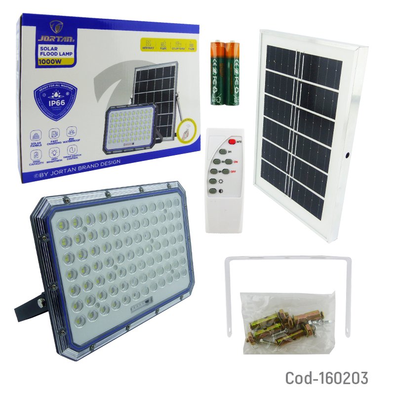 Proyector solar led 1000 watt con panel solar marca jortan en pvc de 120 led modelo zy1000 con control. mayorista — imagen 4