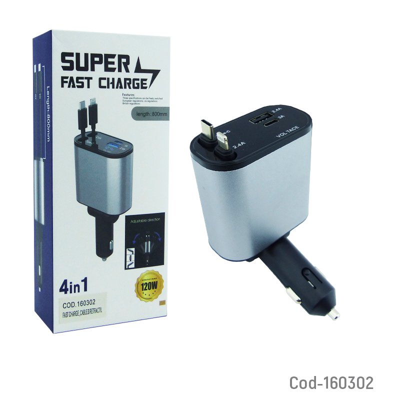 Cargador 120 w fast charge usb-pd y 2 cables retractil tipe-c/iphone mayorista — imagen 3
