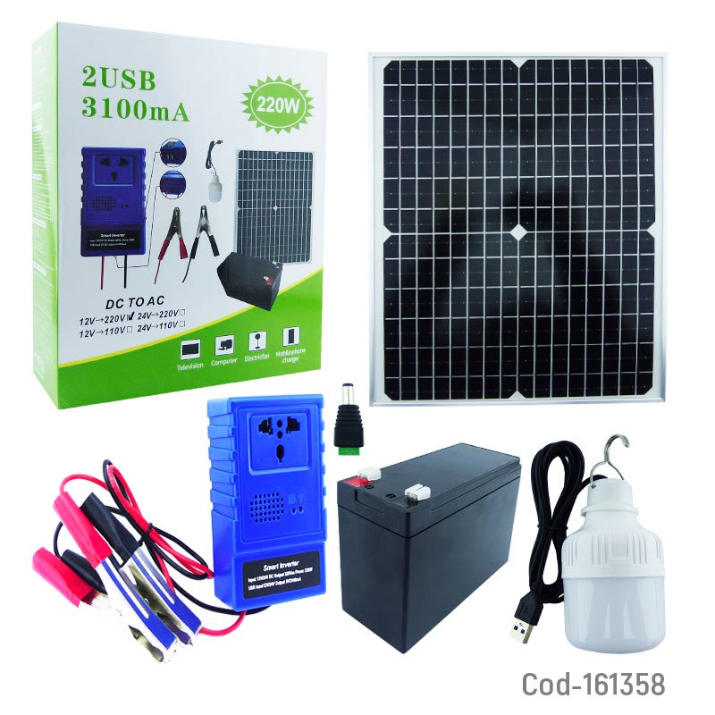 Kit solar portatil de emergencia a 220 watt mas 2 usb, ampolleta usb, bateria 12 volt, inversor y panel solar. mayorista — imagen 2