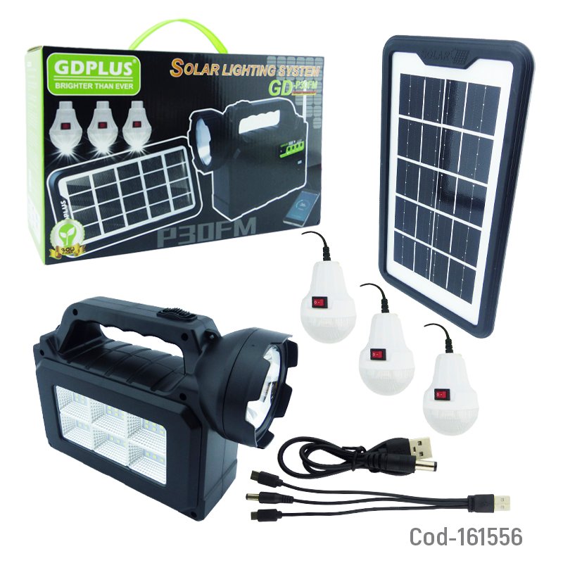 Kit linterna solar portatil marca gd-plus modelo gd-p30 con 3 ampolletas y radio fm. mayorista — imagen 4