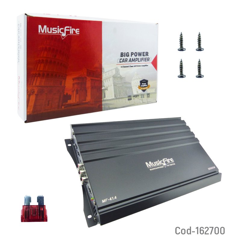 Amplificador Marca MUSICFIRE De 3000 Watt Por 4 Canales A 12 Volt Modelo MF-414 35 cm x 21 cm x 6 cm por mayor en Chile