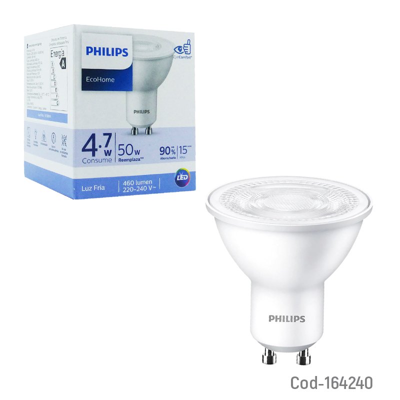 Ampolleta led marca philips modelo gu10 de luz fria 4.7 watt y 6500 k. certificada. - pack de 10 unidades mayorista — imagen 3