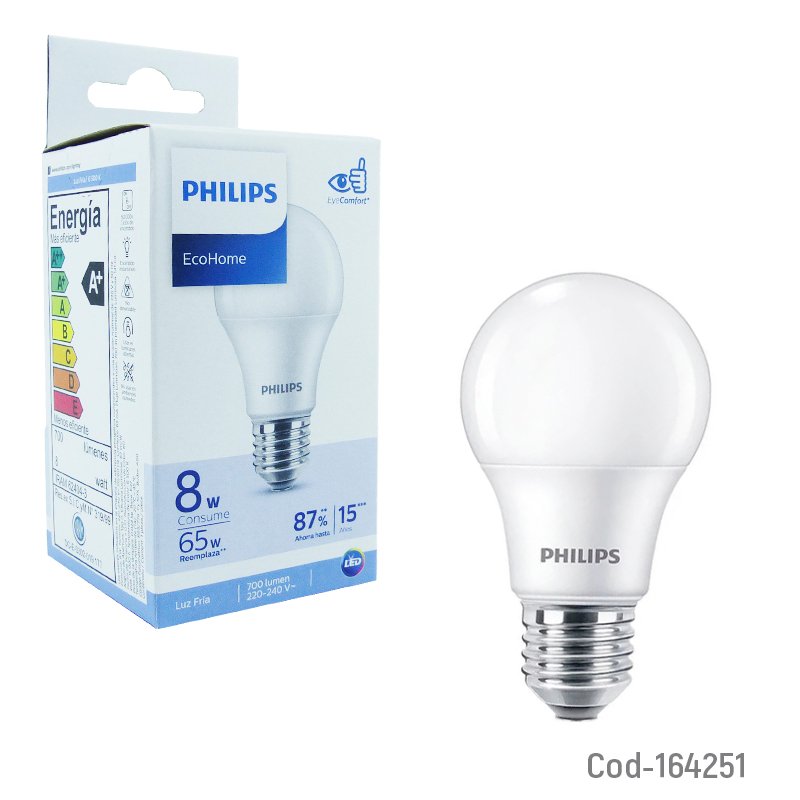 Ampolleta led marca philips modelo e-27 de luz fria a 8 watt, 700 lumenes certificada. - pack de 10 unidades mayorista — imagen 3