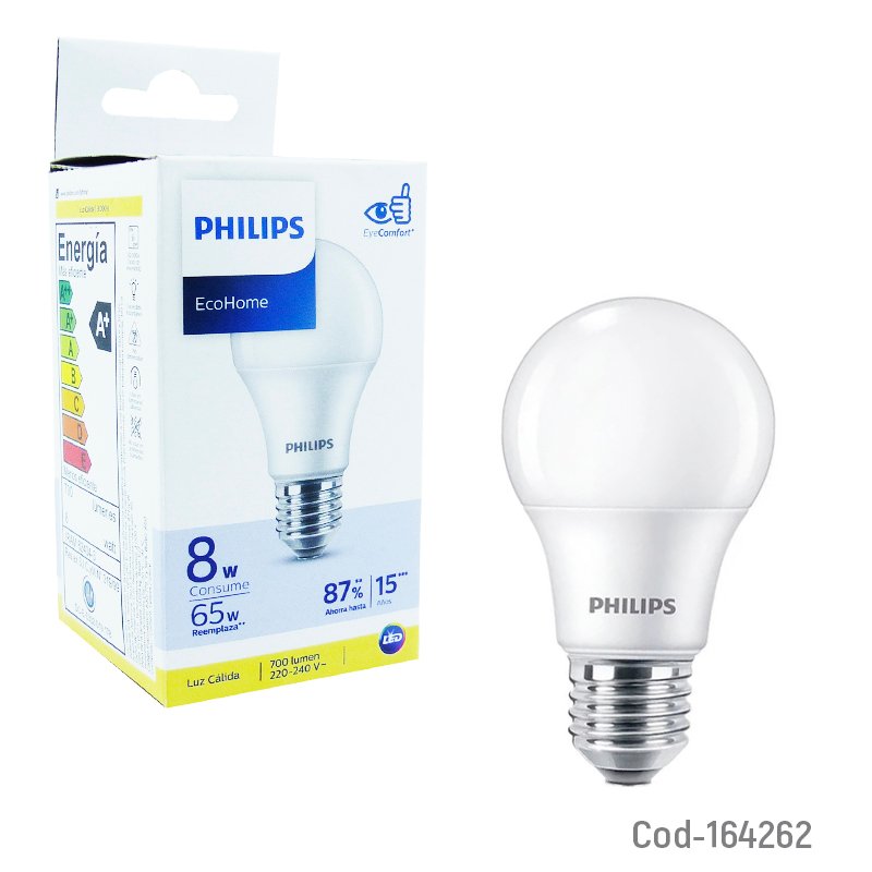 Ampolleta led marca philips modelo e-27 de luz calida a 8 watt, 700 lumenes certificada. - pack de 10 unidades mayorista — imagen 3