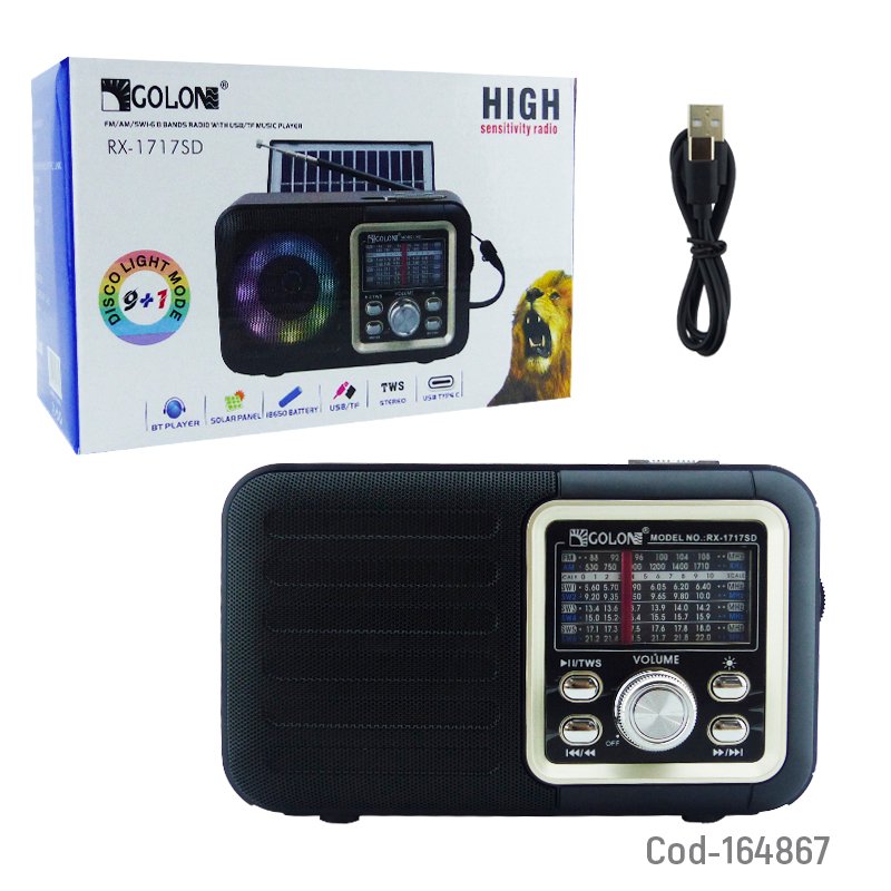 Radio multibanda solar marca golon modelo rx-1717sd bluetooth con luz rgb, usb, tf y fm recargable. mayorista — imagen 4