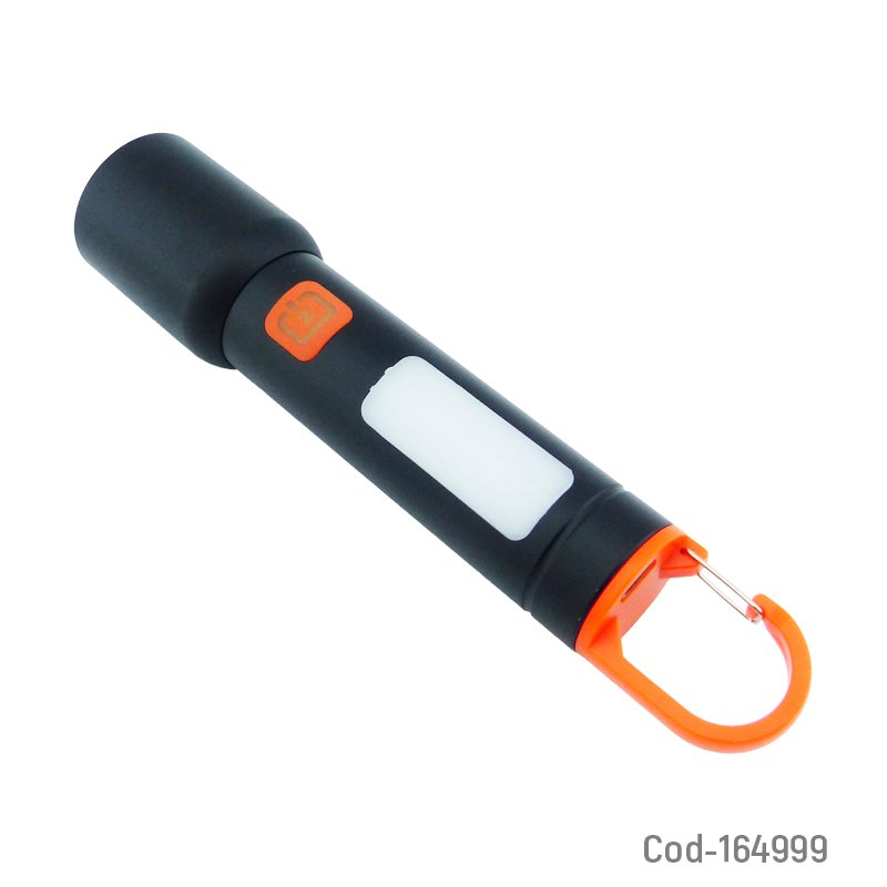 Linterna de 1 led mas 1 led cob con zoom, varios tonos de luz y baliza, tiene gancho para colgar y es recargable mayorista — imagen 2