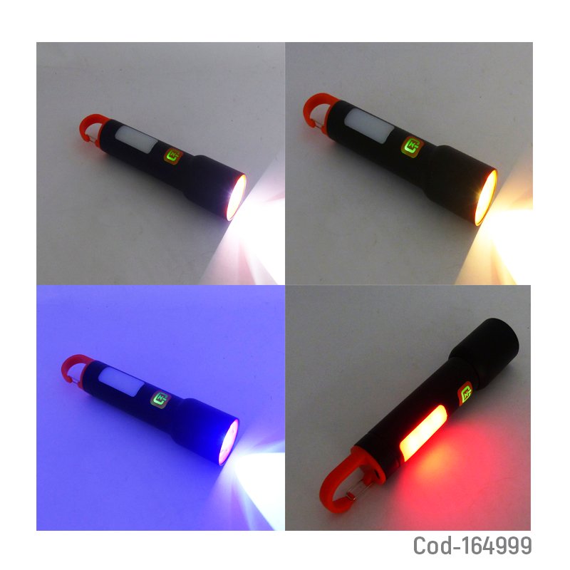 Linterna de 1 led mas 1 led cob con zoom, varios tonos de luz y baliza, tiene gancho para colgar y es recargable mayorista — imagen 3