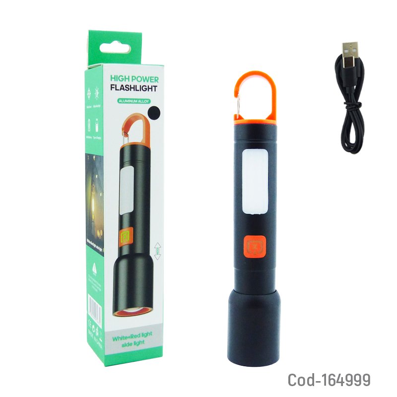 Linterna de 1 led mas 1 led cob con zoom, varios tonos de luz y baliza, tiene gancho para colgar y es recargable mayorista — imagen 5