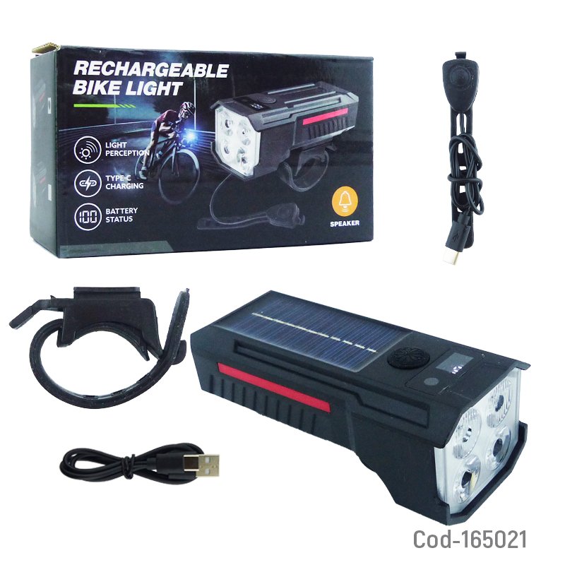 Luz Bicicleta Delatera De 4 LED Con Bocina Recargable USB Type-C E Indicador De Carga. 10.5 cm x 5 cm x 4.2 cm por mayor en Chile