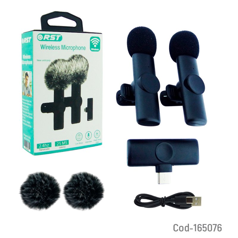 Microfono inalambrico para smartphone marca rst set x 2 conexion type-c y protector de viento. mayorista — imagen 3