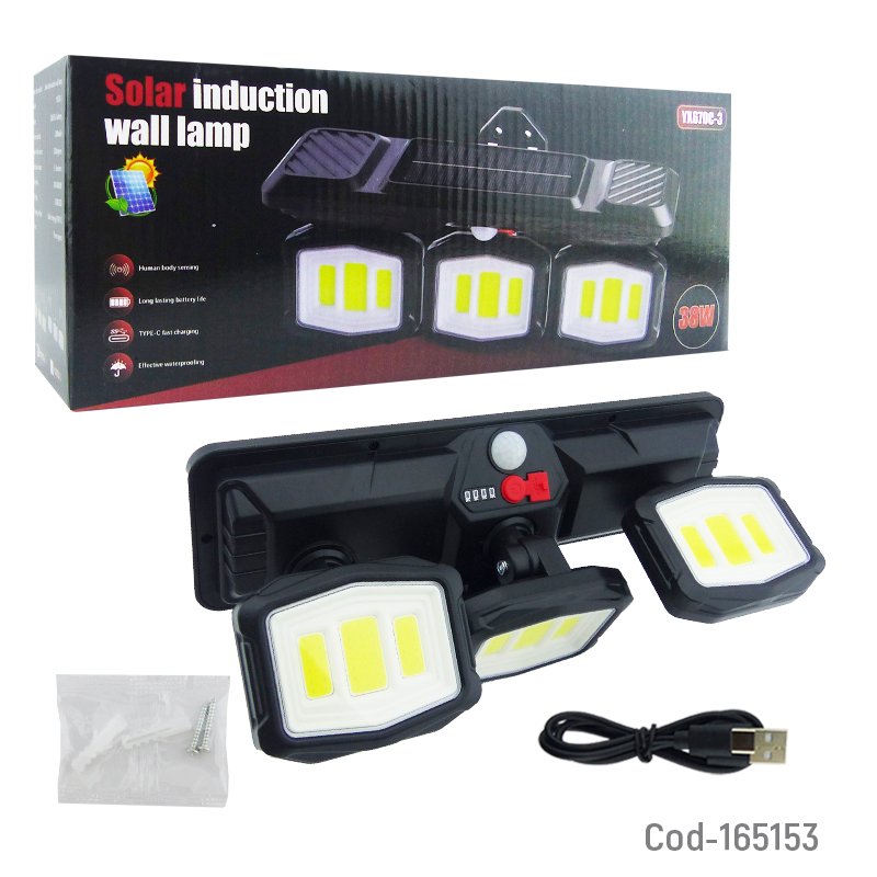 Aplique solar led triple foco cob modelo yx670c de 38 watt recargable mayorista — imagen 4