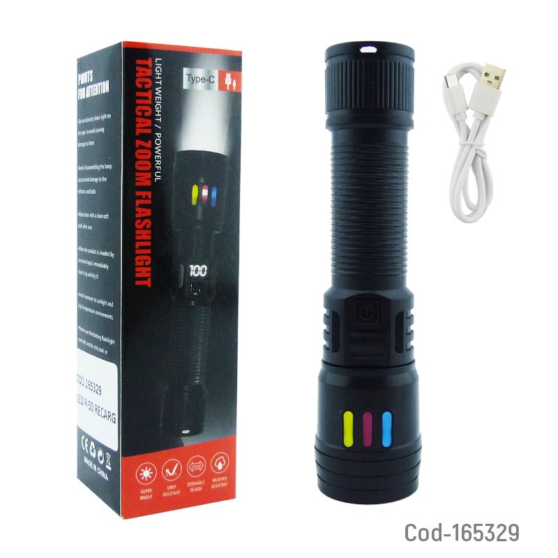 Linterna de 1 led tactica en pvc con zoom modelo p-50 con indicador de carga, recargable. mayorista — imagen 4
