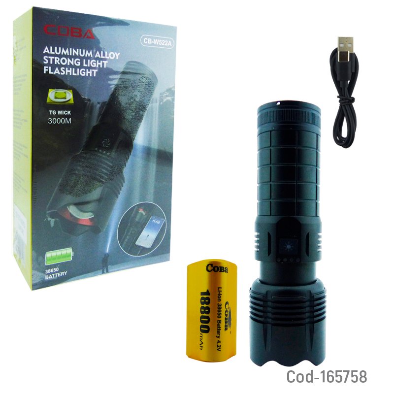 Linterna de 1 led de aluminio con zoom marca coba modelo cb-w522a, 3000m luz laser, power bank y recargable. mayorista — imagen 4