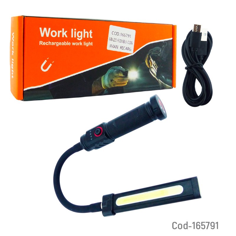 Linterna led de 2 led cob mas 3 led rojos con iman y brazo flexible, recargable. mayorista — imagen 4