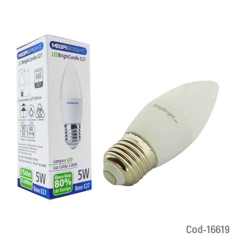 Ampolleta led e-27, 5w=50w, vela luz calida, megabright. en caja - pack de 20 unidades mayorista — imagen 3