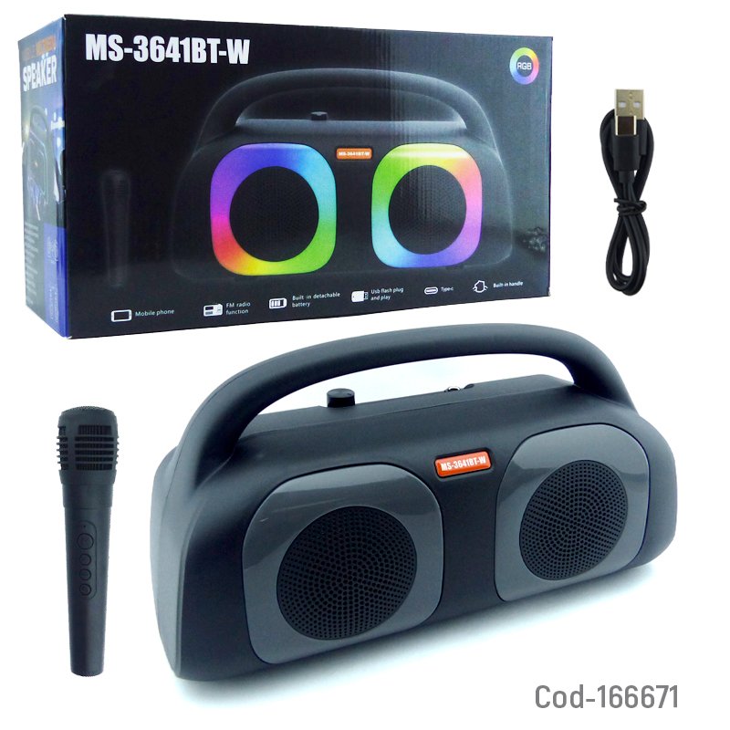 Parlante Karaoke Portable Recargable Modelo MS-3641BT Con Microfono Recargable Y Luz RGB 38.8 cm x 14.5 cm x 22 cm por mayor en Chile