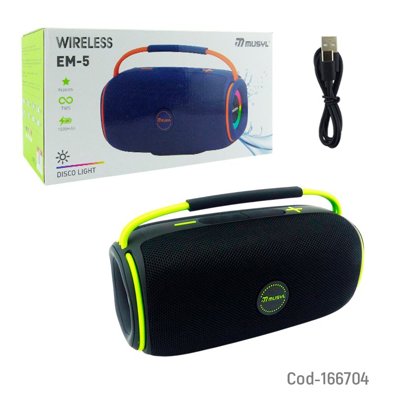 Parlante Recargable Bluetooth Modelo EM-5 Marca MUSYL Portable Con RGB, USB, Aux, TF Y DC. 26.3 cm x 13.5 cm x 11.6 cm por mayor en Chile
