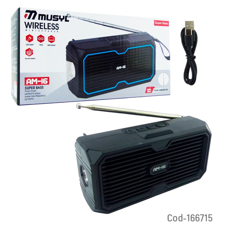 Parlante solar recargable bluetooth modelo am-16 marca musyl con linterna, fm, tf y usb mayorista — imagen 5