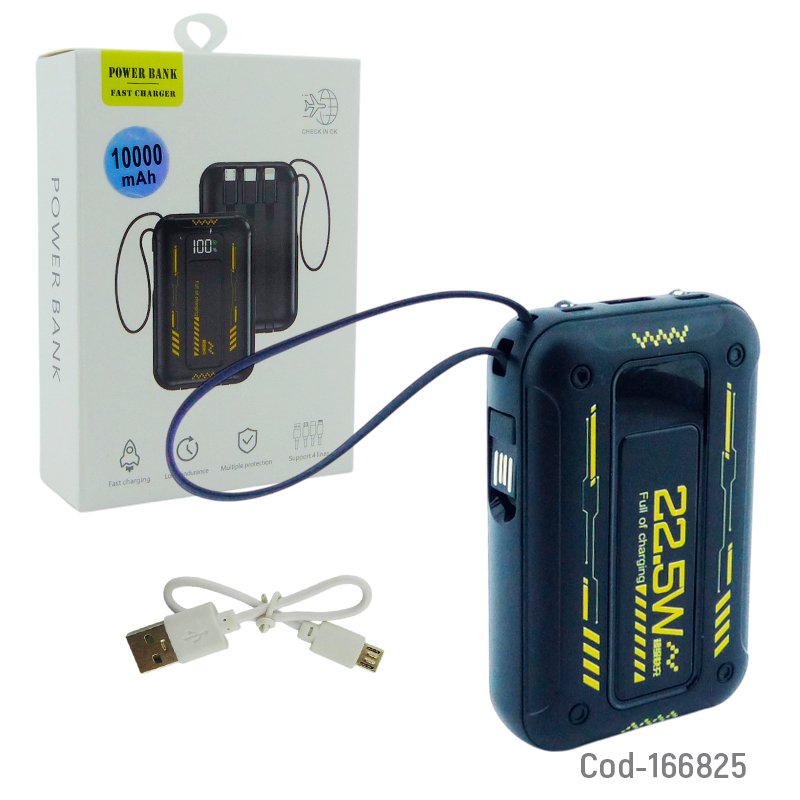 Bateria de emergencia 22.5 watt con puertos usb type-c micro usb y cables integrados de 10.000 mah con linterna mayorista — imagen 5