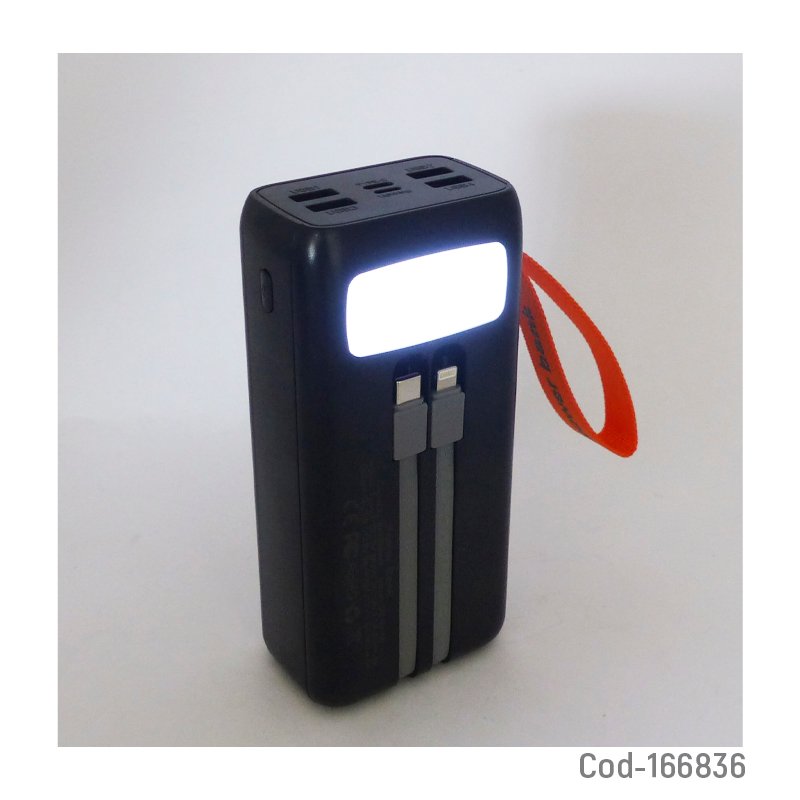 Bateria de emergencia con 4 puertos usb, type-c, lightning y cables integrados de 30000 mah con linterna mayorista — imagen 4