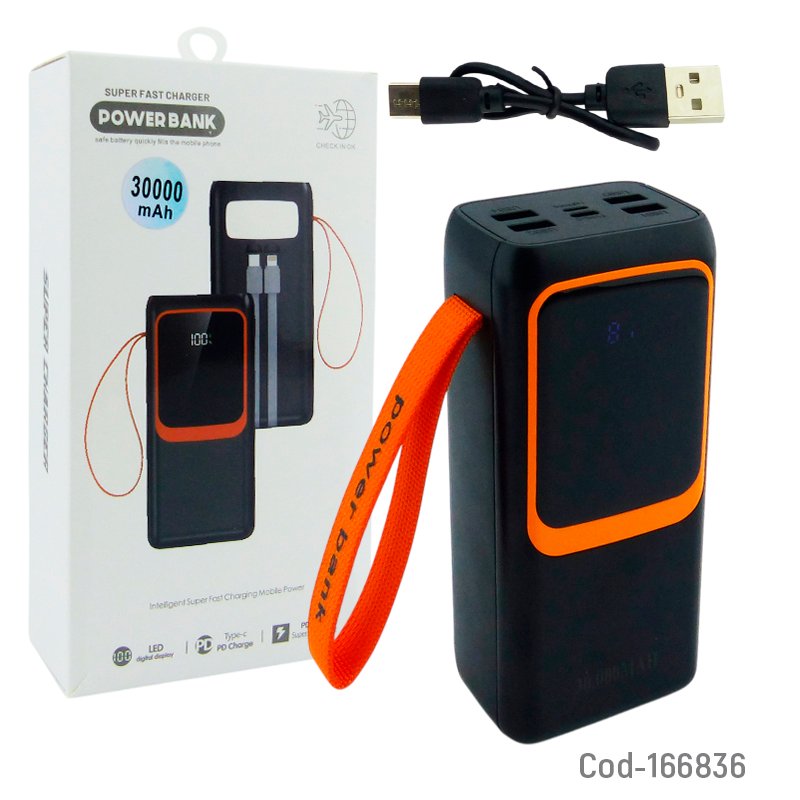Bateria de emergencia con 4 puertos usb, type-c, lightning y cables integrados de 30000 mah con linterna mayorista — imagen 5