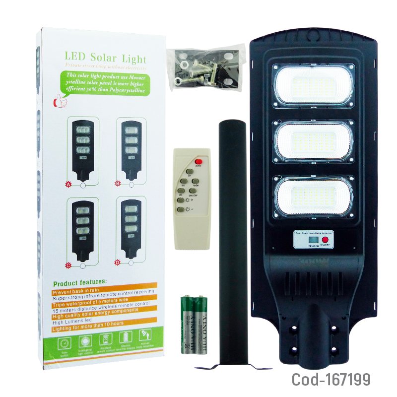 Foco con brazo solar de 300 watt en pvc de 144 led en 3 placas con sensor y control remoto mayorista — imagen 4