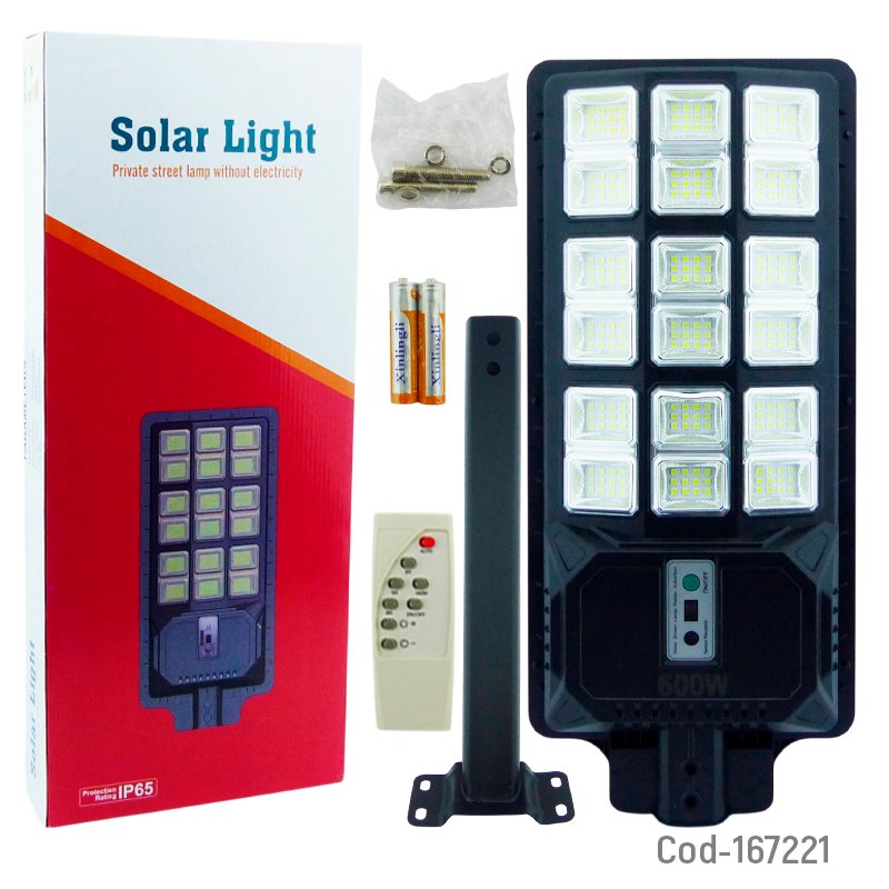 Foco Para Poste Solar De 600 Watt, 216 LED En 18 Placas Con Sensor Y Control Remoto 58.5 cm x 21 cm x 4.6 cm por mayor en Chile