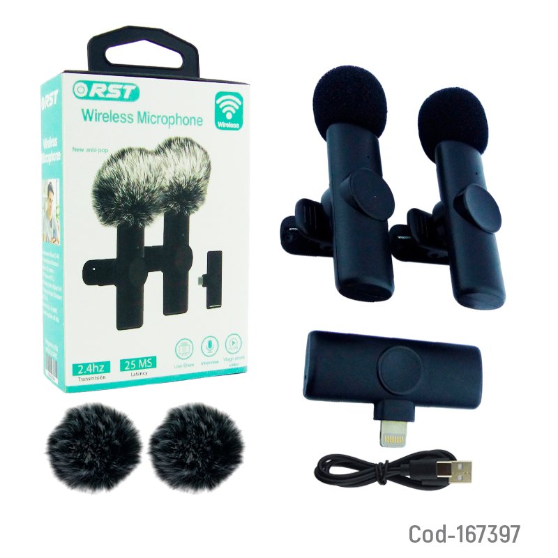 Microfono inalambrico para smartphone marca rst set x 2 conexion para iphone y protector de viento. mayorista — imagen 3