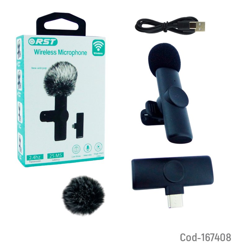 Microfono inalambrico para smartphone marca rst set x 1 conexion type-c y protector de viento. mayorista — imagen 3