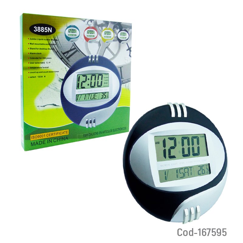 Reloj digital 2 en 1 para muro o escritorio modelo b-79 redondo con alarma, fecha y temperatura. mayorista — imagen 4