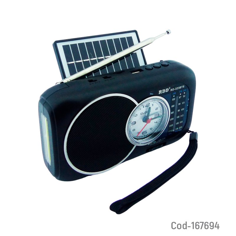 Radio Multibanda Solar Marca RDD Modelo RD-323BTS Con Conexion Bluetooth, Reloj, LED COB, USB, TF Y FM 17.4 cm x 9.6 cm x 5.5 cm por mayor en Chile