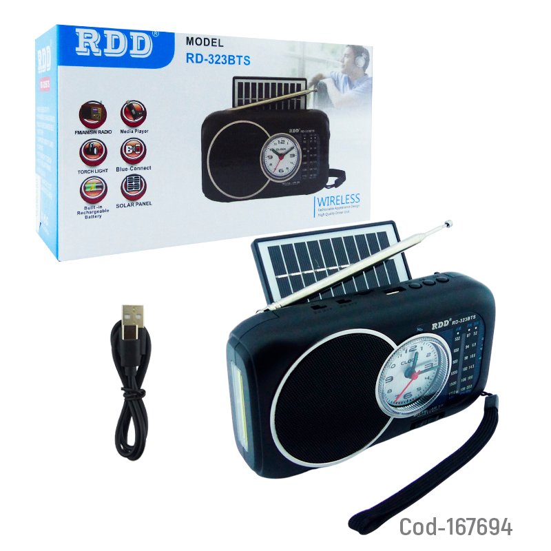 Radio multibanda solar marca rdd modelo rd-323bts con conexion bluetooth, reloj, led cob, usb, tf y fm mayorista — imagen 4